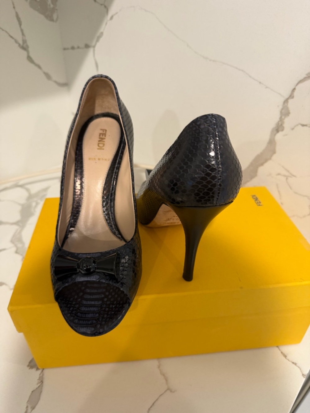 Fendi Black Snakeskin Peep-Toe Pumps with Bow Accent